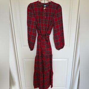 Lands’ End Red Plaid Button-Front Maxi Dress with Tie Waist & Pockets